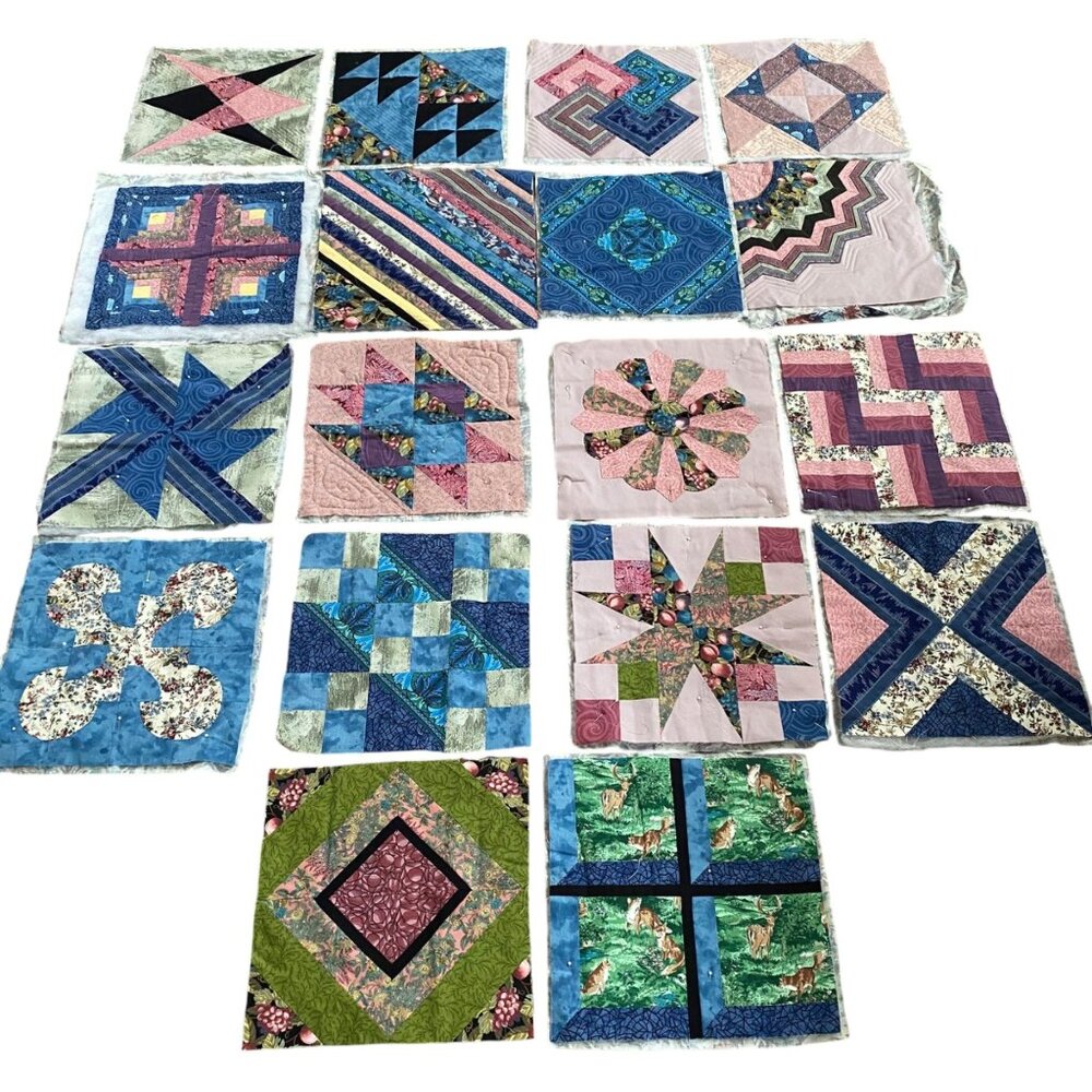 Handmade Quilt 12" Blocks‎ Lot 19 Blue Pink UFOs Sewing Crafts Patchwork Pieced